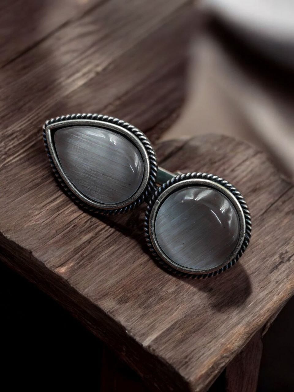 Silver Replica Ring – Oxidised Monalisa Stone Free Size Rings