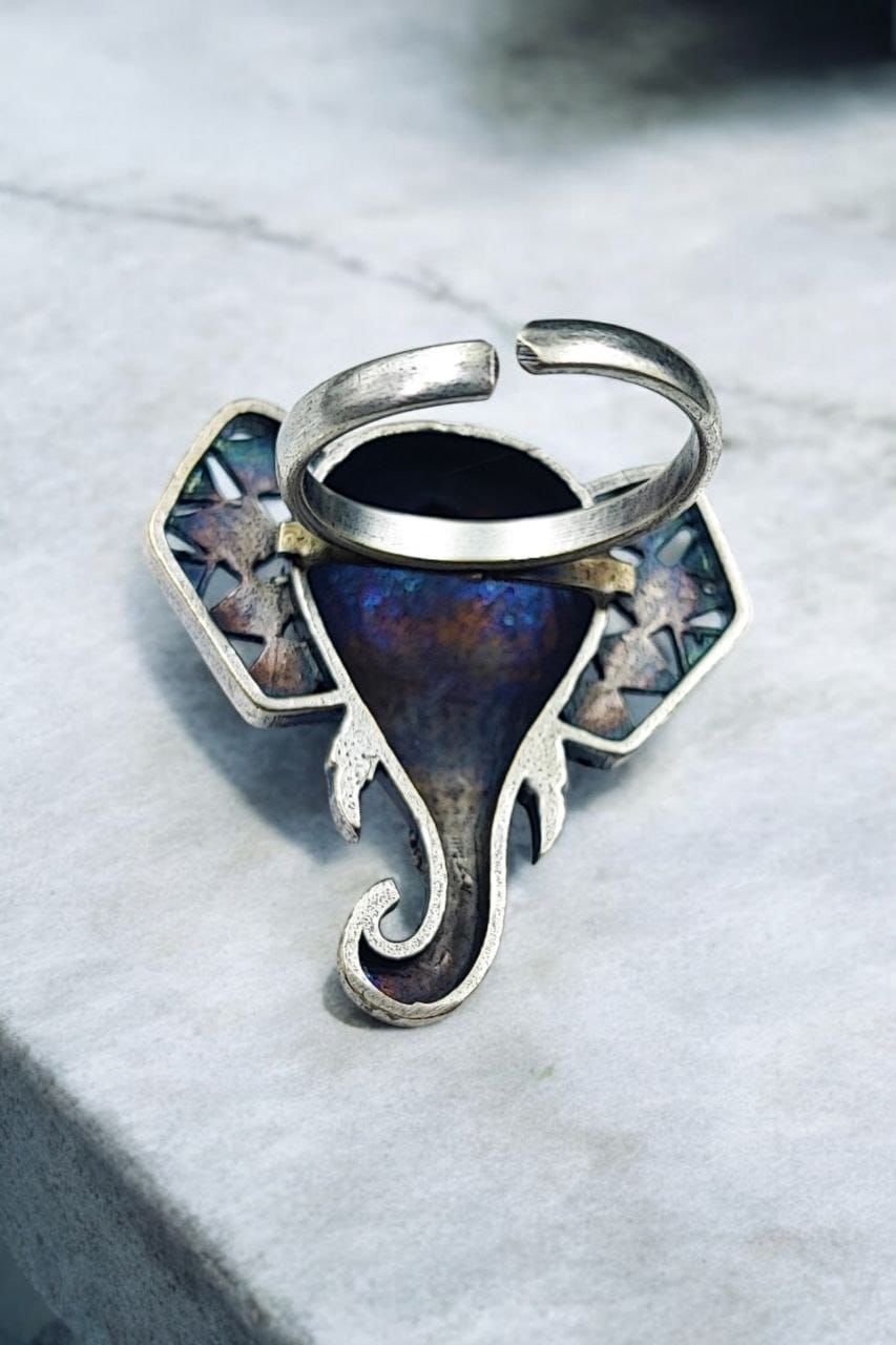 Oxidised Silver Replica Elephant Design Ring | Affordable Adjustable Size Rings For Girls
