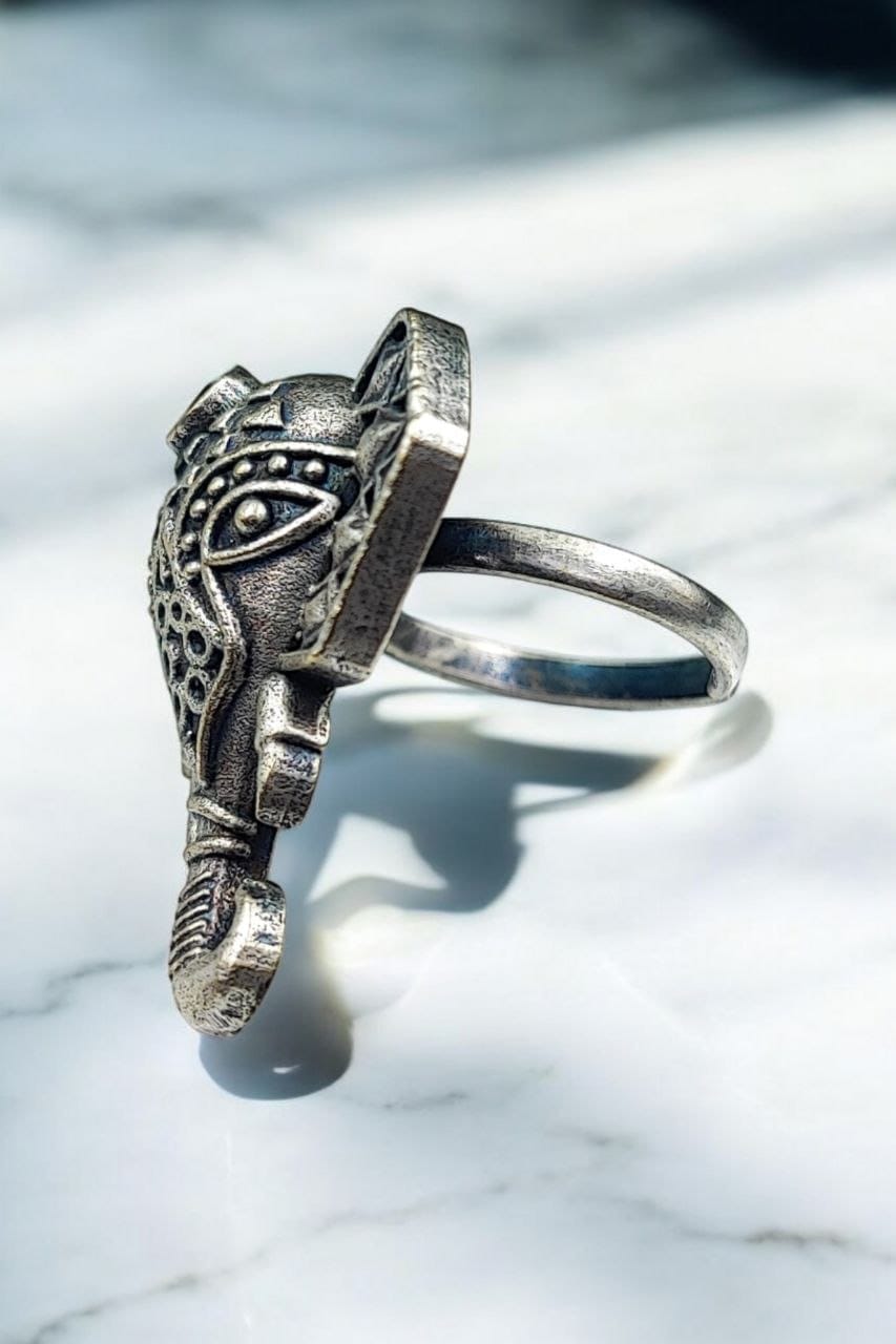 Oxidised Silver Replica Elephant Design Ring | Affordable Adjustable Size Rings For Girls