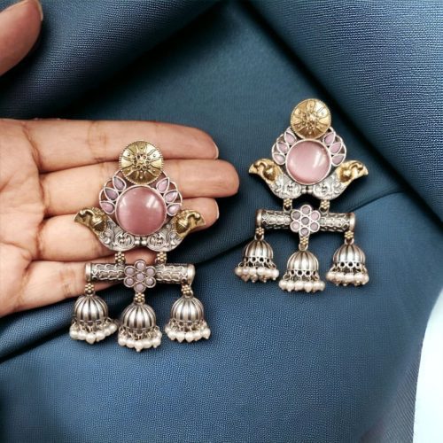 Dual Tone Monalisa Stone Jhumki Stud Earrings – A Perfect Match for Ethnic Wear