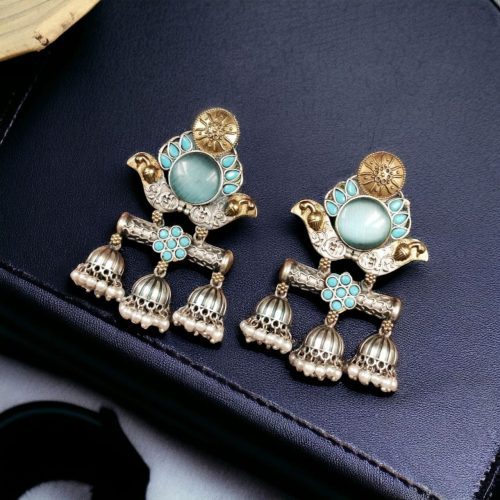 Dual Tone Monalisa Stone Jhumki Stud Earrings – A Perfect Match for Ethnic Wear