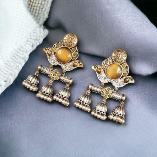 Dual Tone Monalisa Stone Jhumki Stud Earrings – A Perfect Match for Ethnic Wear
