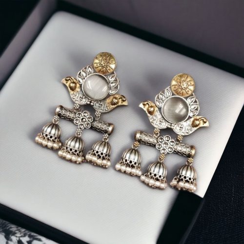 Dual Tone Monalisa Stone Jhumki Stud Earrings – A Perfect Match for Ethnic Wear