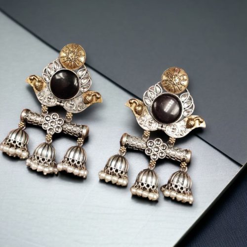 Dual Tone Monalisa Stone Jhumki Stud Earrings – A Perfect Match for Ethnic Wear