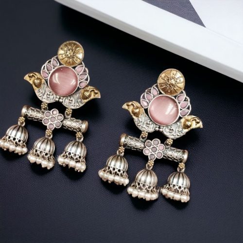Dual Tone Monalisa Stone Jhumki Stud Earrings – A Perfect Match for Ethnic Wear