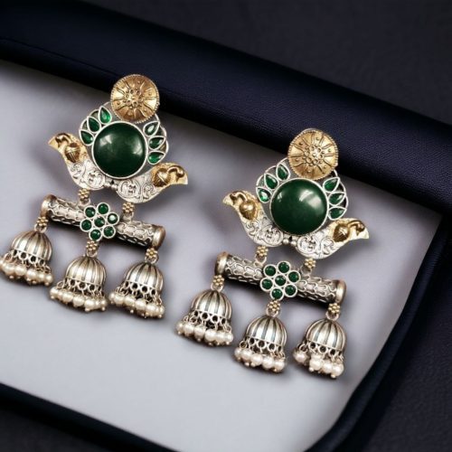 Dual Tone Monalisa Stone Jhumki Stud Earrings – A Perfect Match for Ethnic Wear