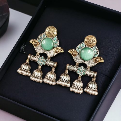Dual Tone Monalisa Stone Jhumki Stud Earrings – A Perfect Match for Ethnic Wear