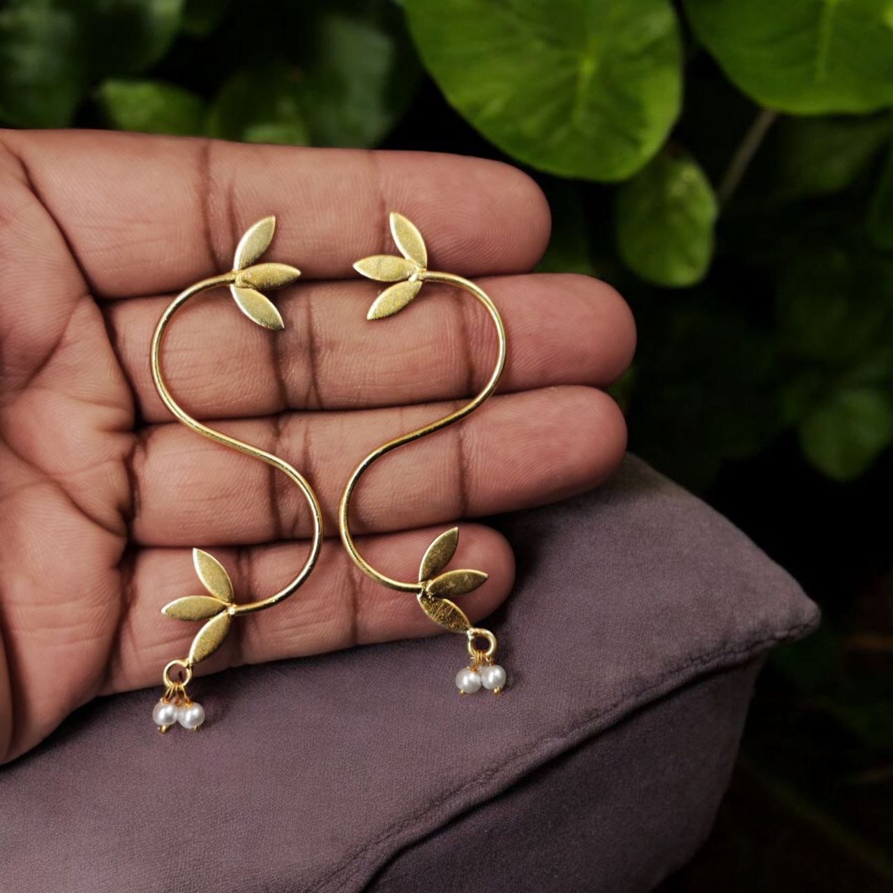 Hand-Made Gold Plated Leaf Style Earring With Adorable Pearl Detailing