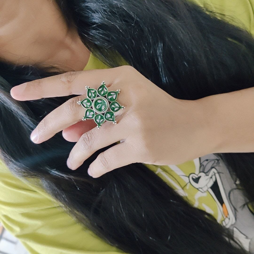 Oxidised Handpainted Flower Finger Ring Adjustable – Unique Traditional Jewelry