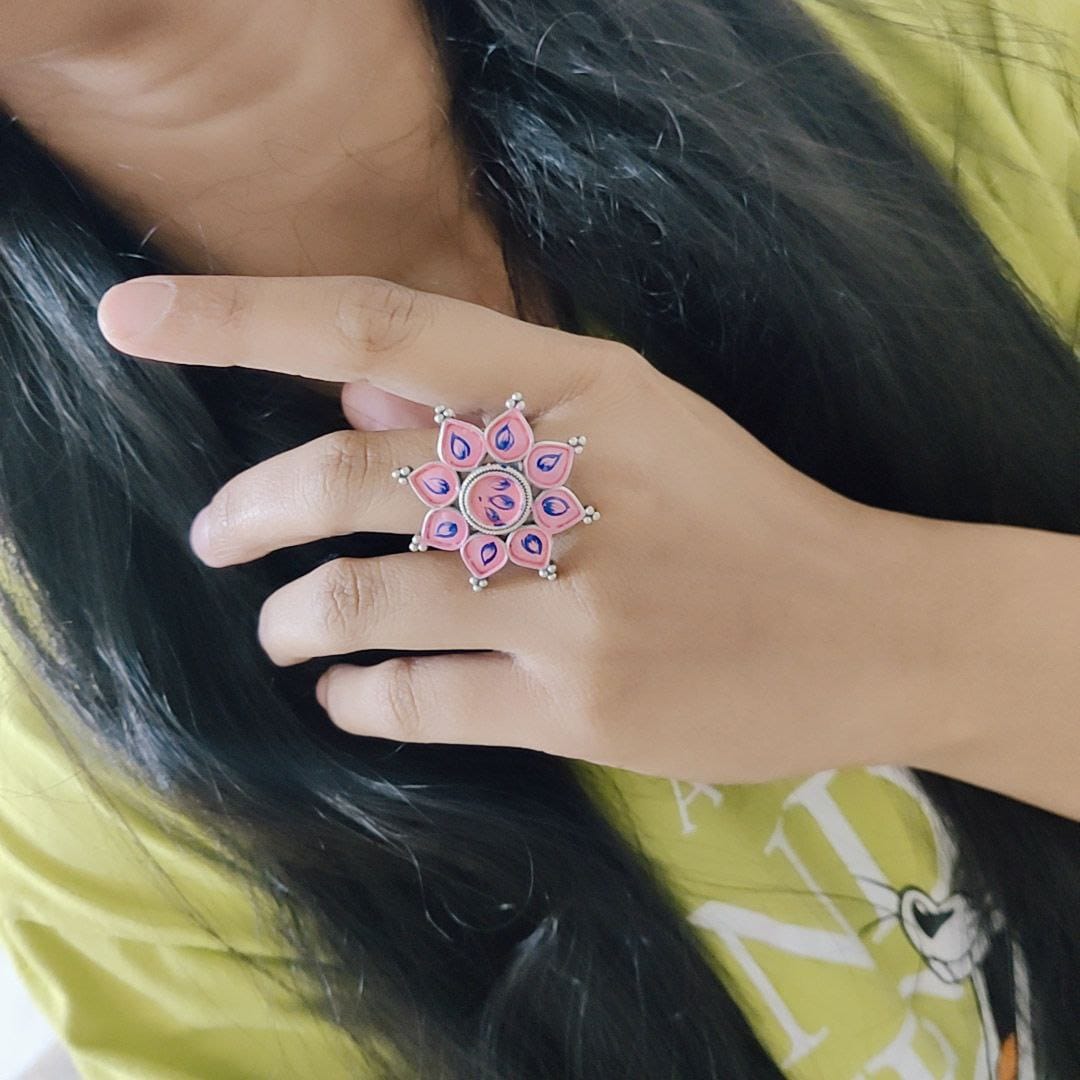 Oxidised Handpainted Flower Finger Ring Adjustable – Unique Traditional Jewelry