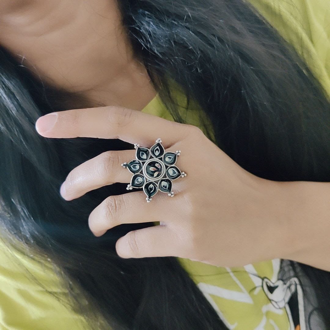 Oxidised Handpainted Flower Finger Ring Adjustable – Unique Traditional Jewelry