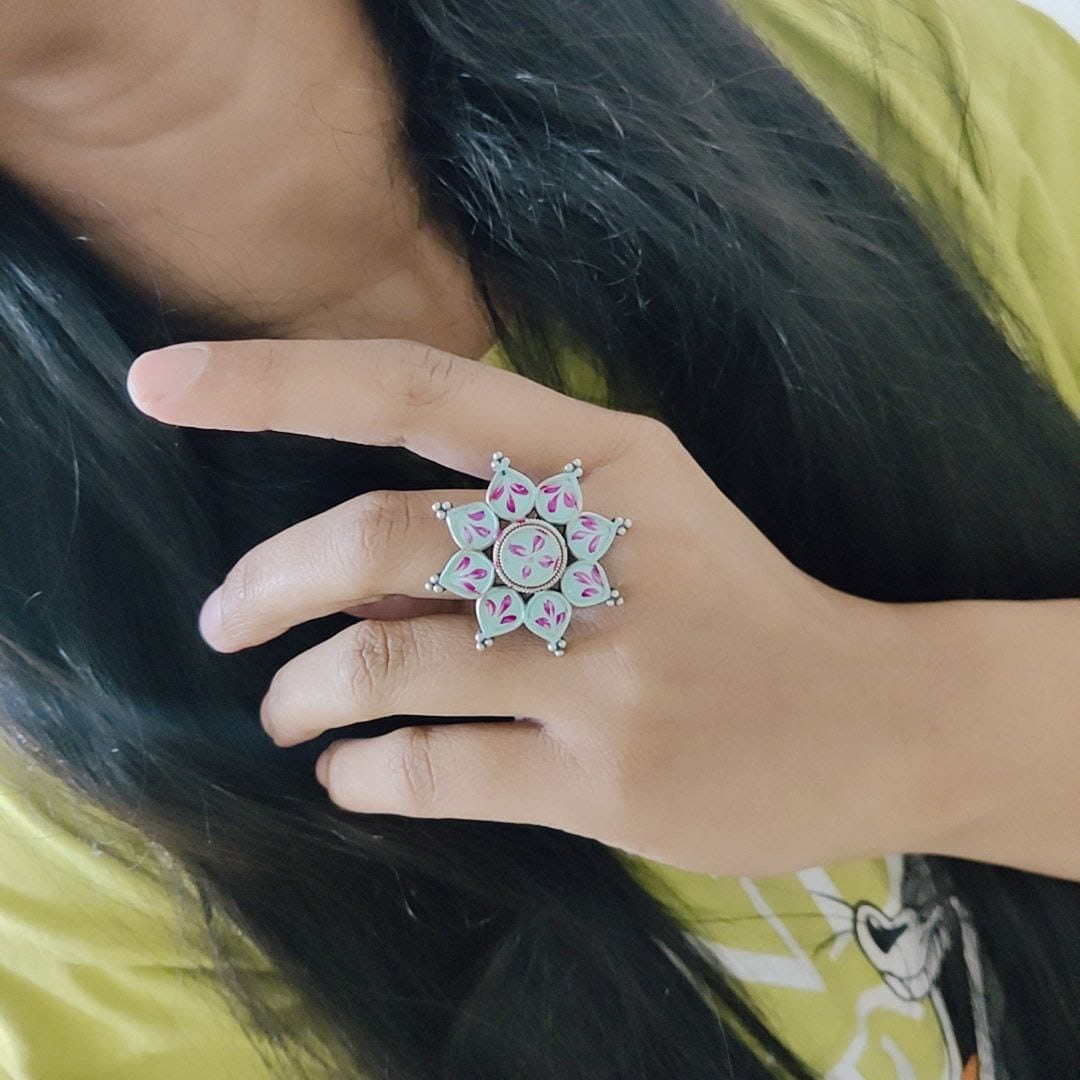 Oxidised Handpainted Flower Finger Ring Adjustable – Unique Traditional Jewelry