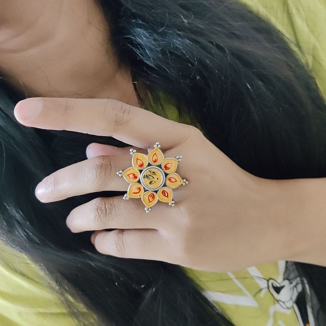 Oxidised Handpainted Flower Finger Ring Adjustable – Unique Traditional Jewelry