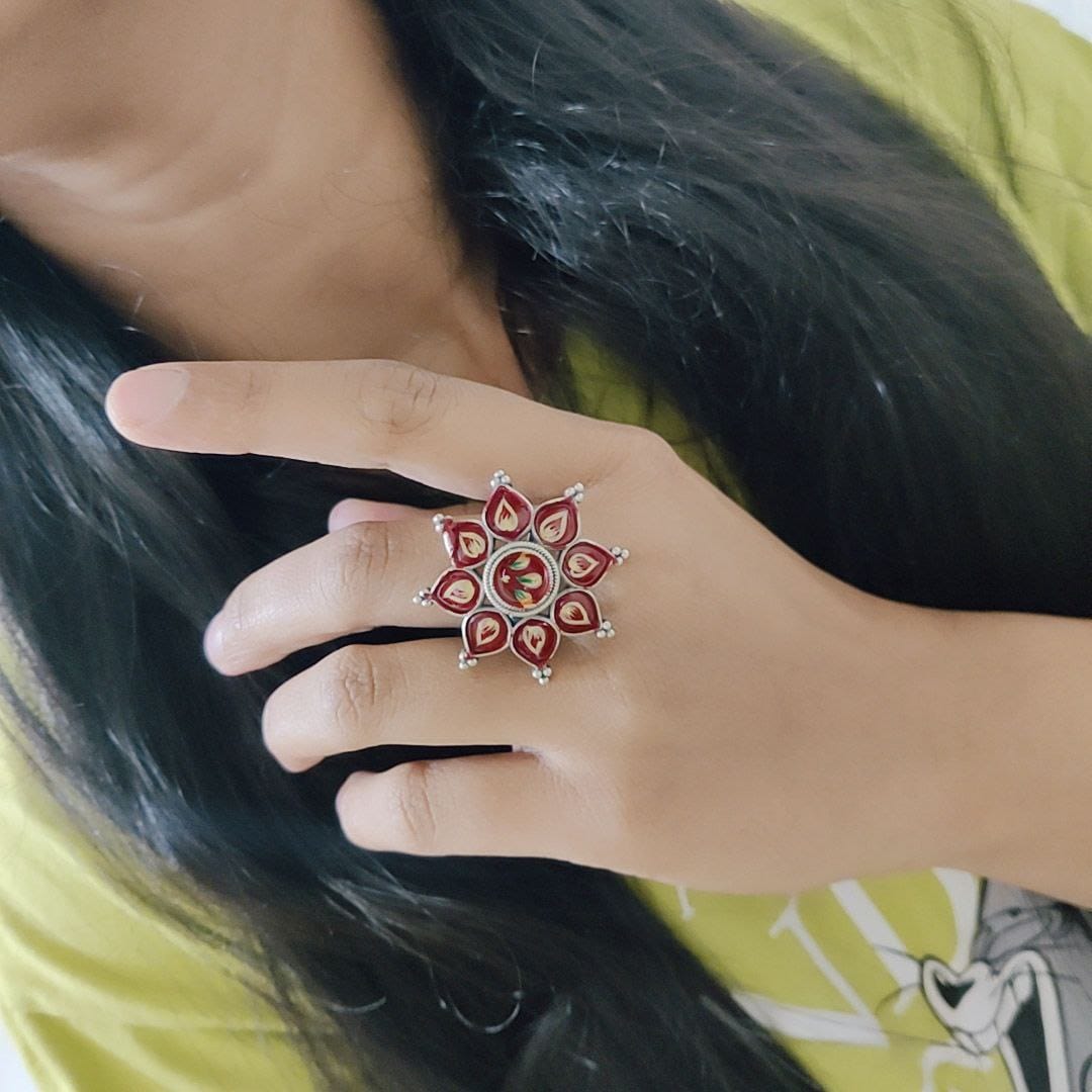 Oxidised Handpainted Flower Finger Ring Adjustable – Unique Traditional Jewelry