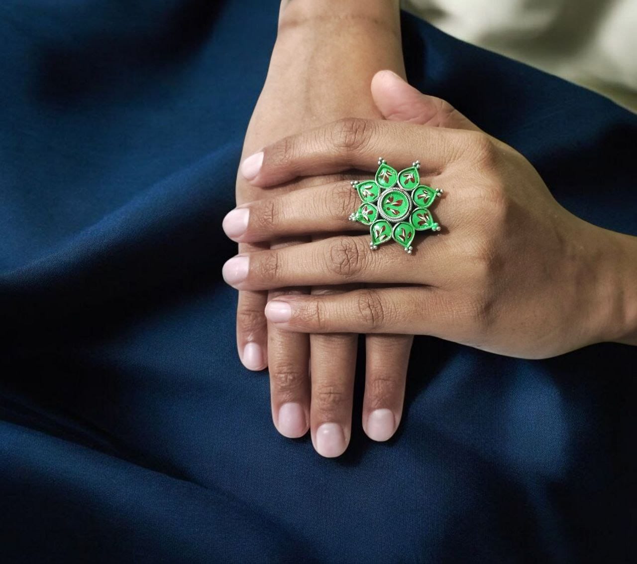 Oxidised Handpainted Flower Finger Ring Adjustable – Unique Traditional Jewelry