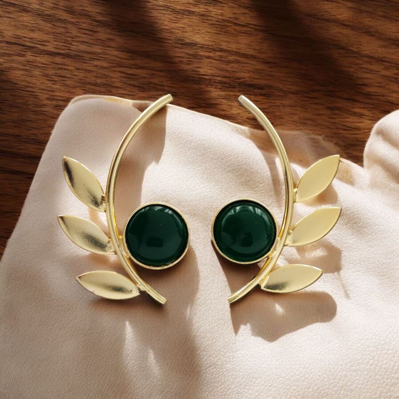 Western Style Gold-Plated Leaf Earrings with Monalisa Stone – Adorable Handmade jewelry