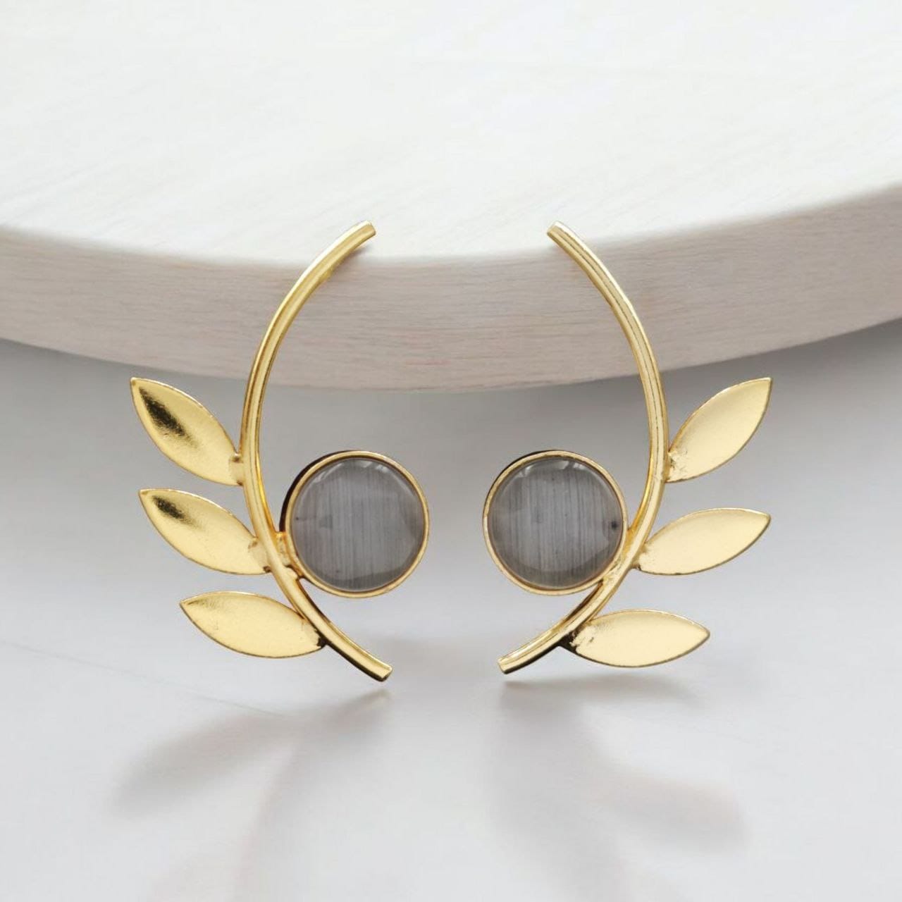 Western Style Gold-Plated Leaf Earrings with Monalisa Stone – Adorable Handmade jewelry