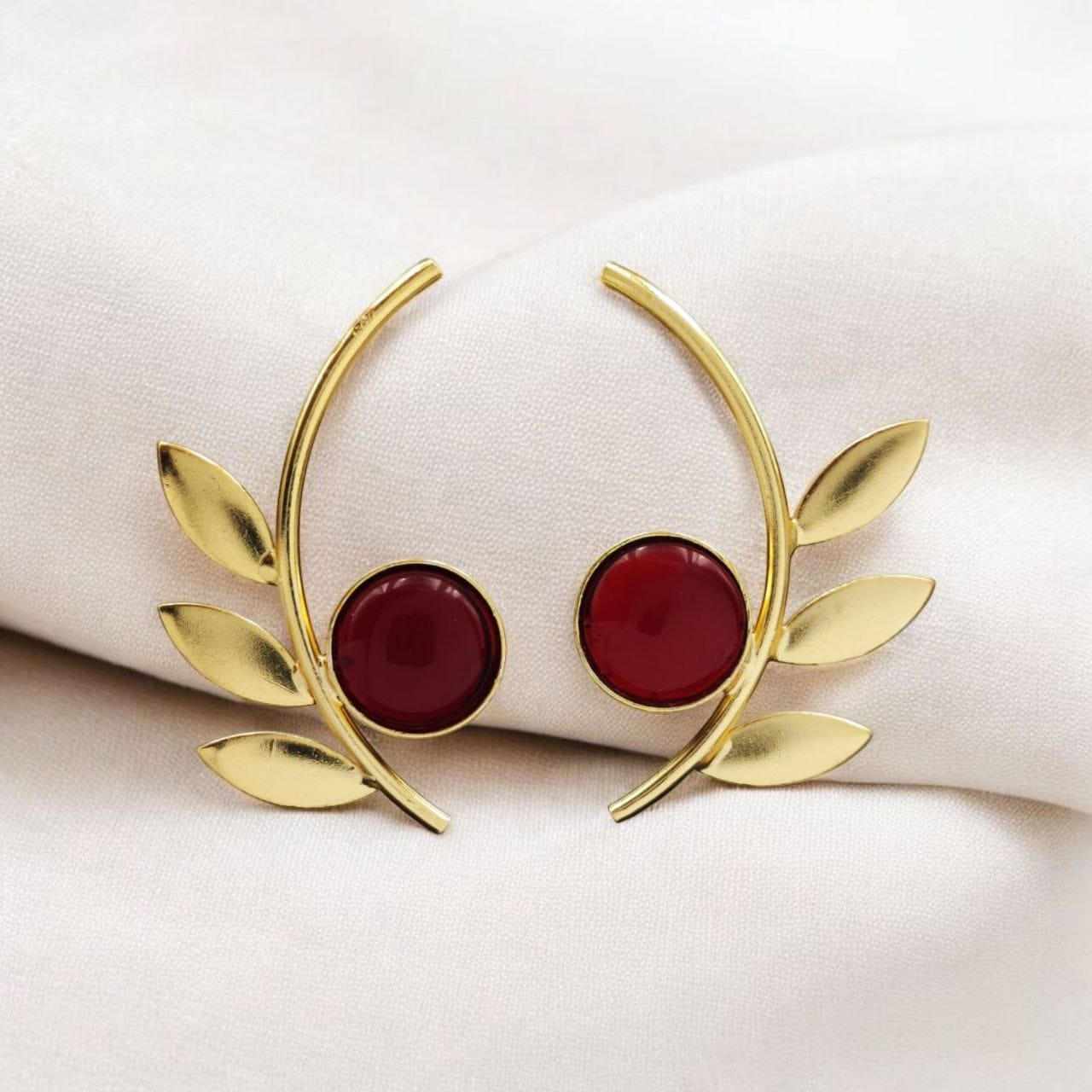 Western Style Gold-Plated Leaf Earrings with Monalisa Stone – Adorable Handmade jewelry