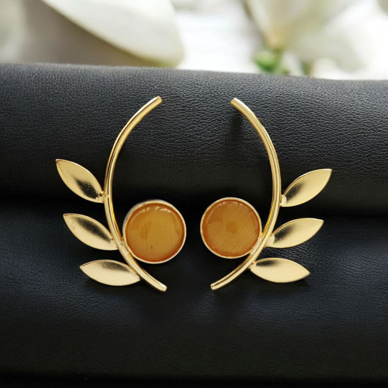 Western Style Gold-Plated Leaf Earrings with Monalisa Stone – Adorable Handmade jewelry