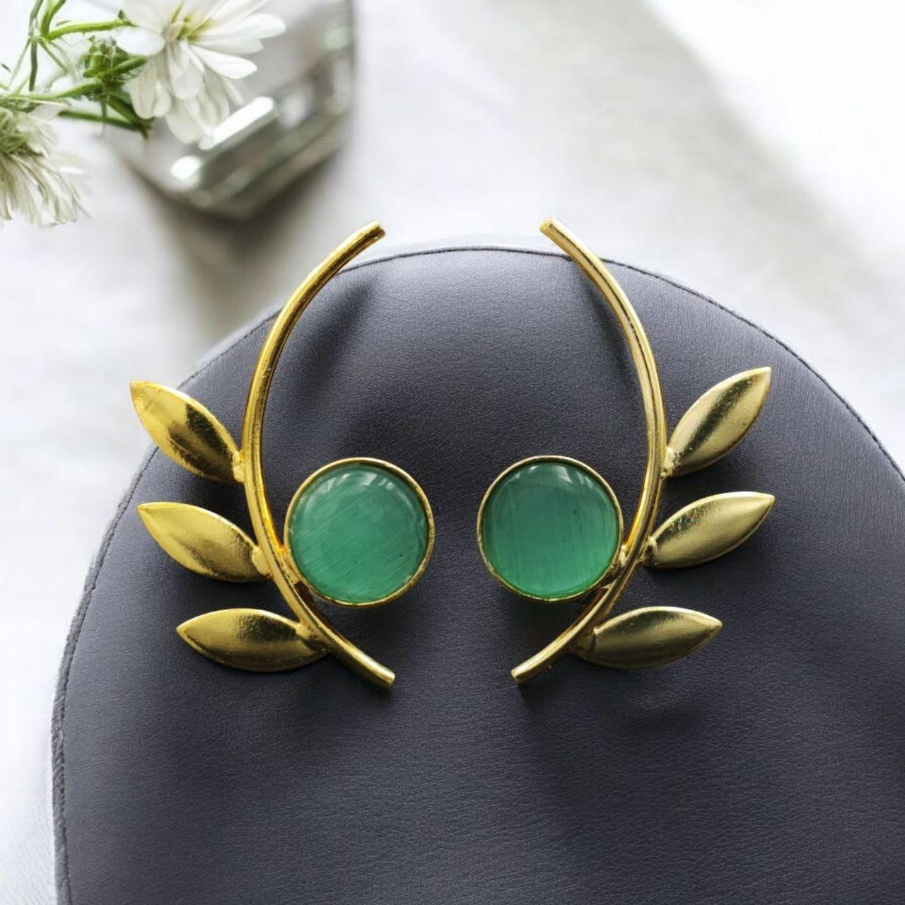 Western Style Gold-Plated Leaf Earrings with Monalisa Stone – Adorable Handmade jewelry