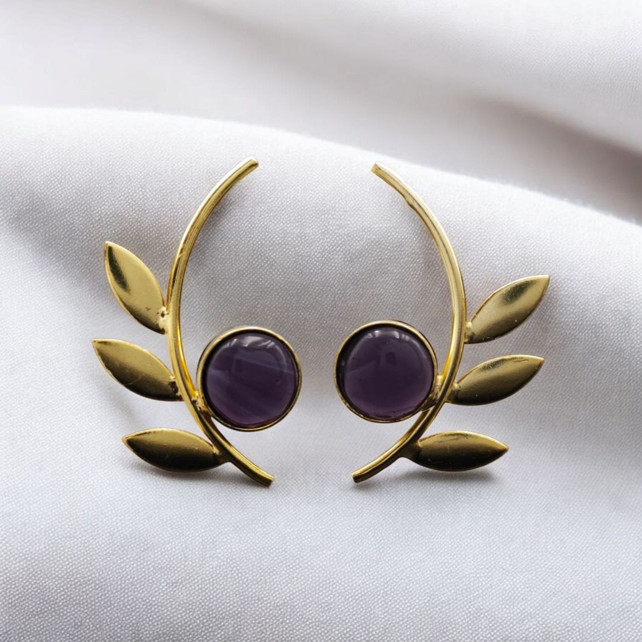 Western Style Gold-Plated Leaf Earrings with Monalisa Stone – Adorable Handmade jewelry