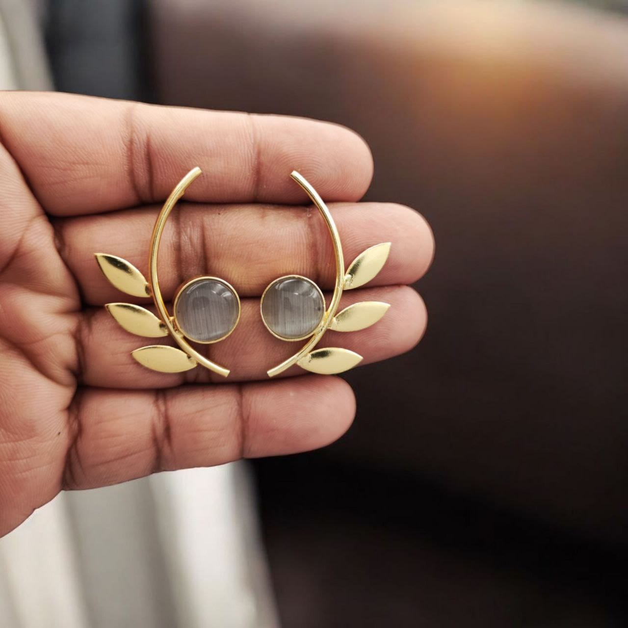 Western Style Gold-Plated Leaf Earrings with Monalisa Stone – Adorable Handmade jewelry
