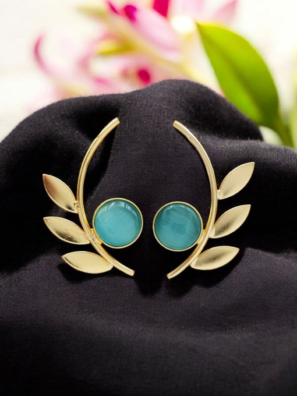 Western Style Gold-Plated Leaf Earrings with Monalisa Stone – Adorable Handmade jewelry