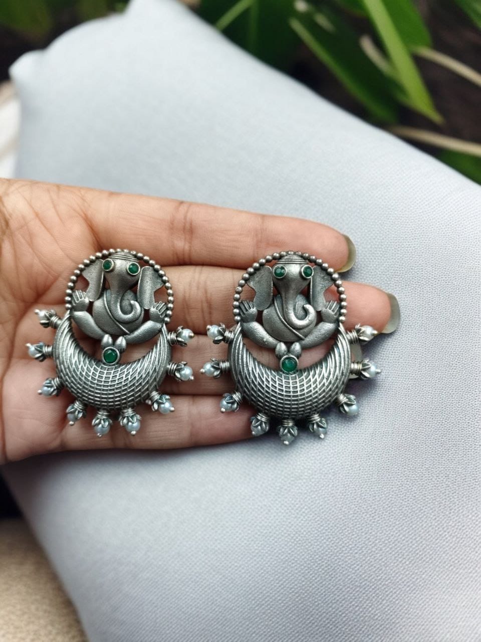 Oxidised Ganesha Stud Earrings | Unique Silver Replica Chandbali Style Jewellery