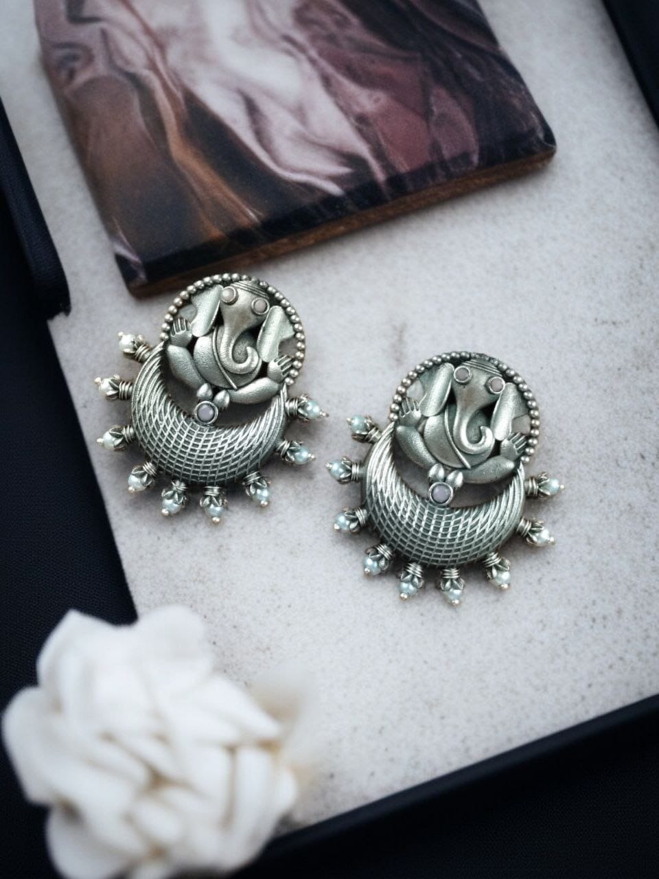 Oxidised Ganesha Stud Earrings | Unique Silver Replica Chandbali Style Jewellery