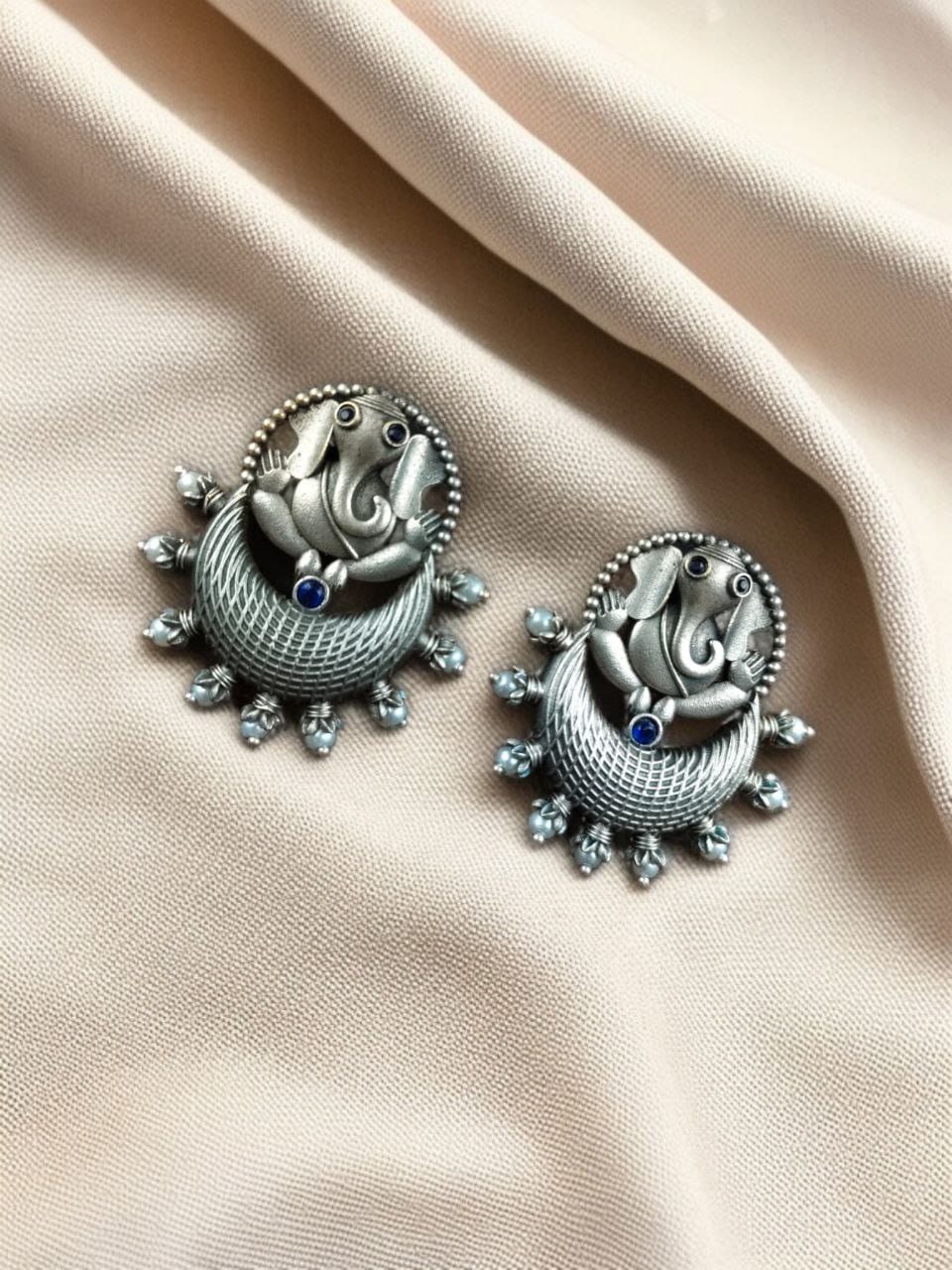 Oxidised Ganesha Stud Earrings | Unique Silver Replica Chandbali Style Jewellery