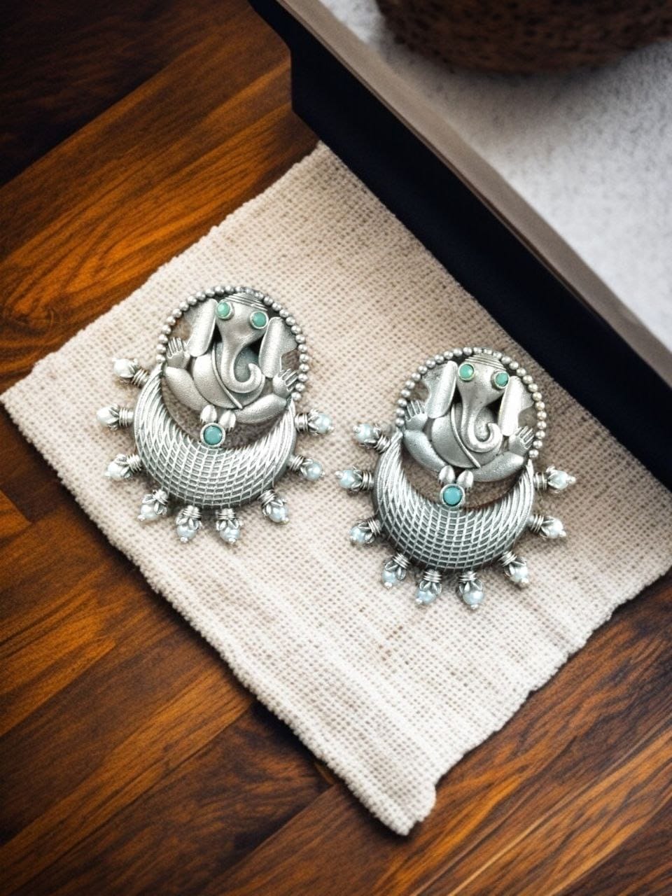 Oxidised Ganesha Stud Earrings | Unique Silver Replica Chandbali Style Jewellery