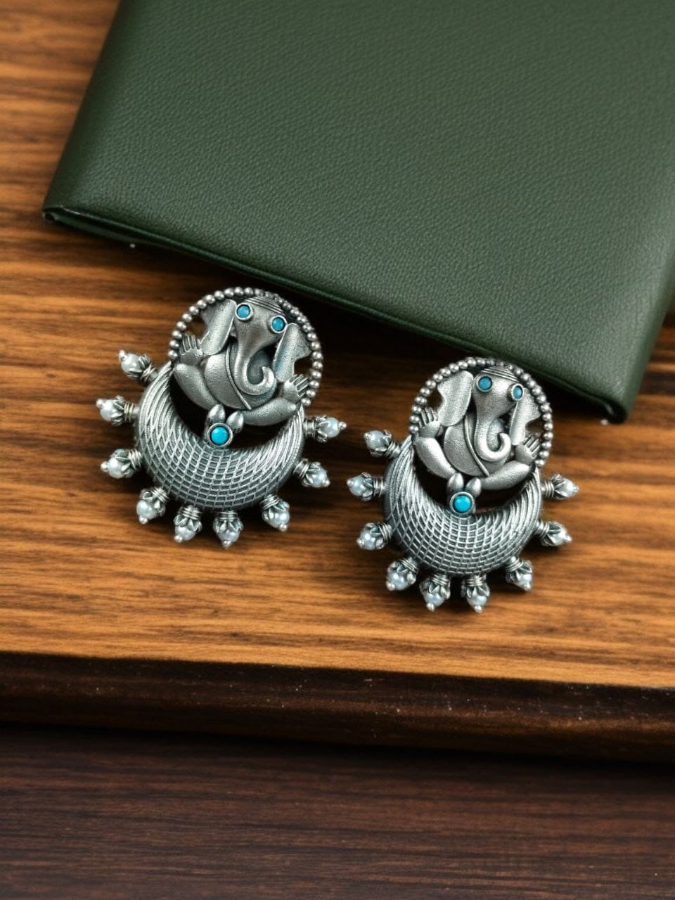 Oxidised Ganesha Stud Earrings | Unique Silver Replica Chandbali Style Jewellery