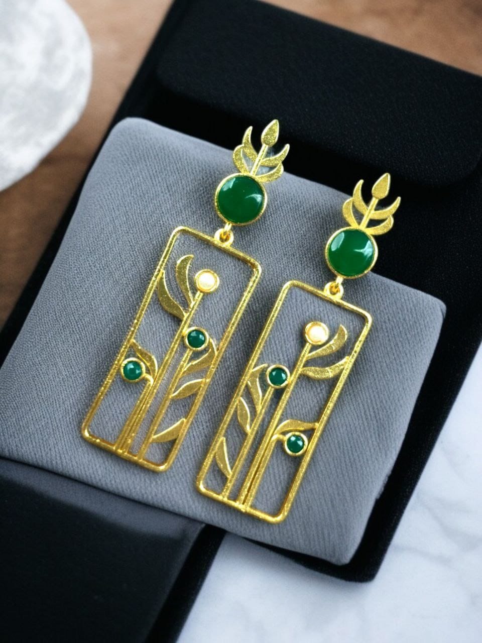 Premium Quality Gold Plated Stud Earrings | Aesthetic Leaf Style Stone Detail Jewellery