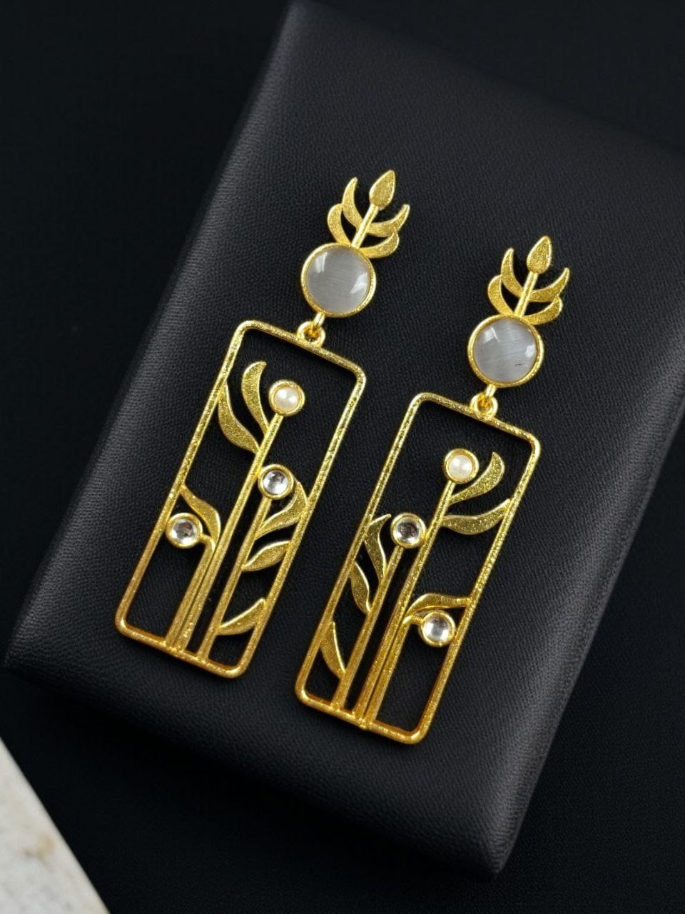 Premium Quality Gold Plated Stud Earrings | Aesthetic Leaf Style Stone Detail Jewellery