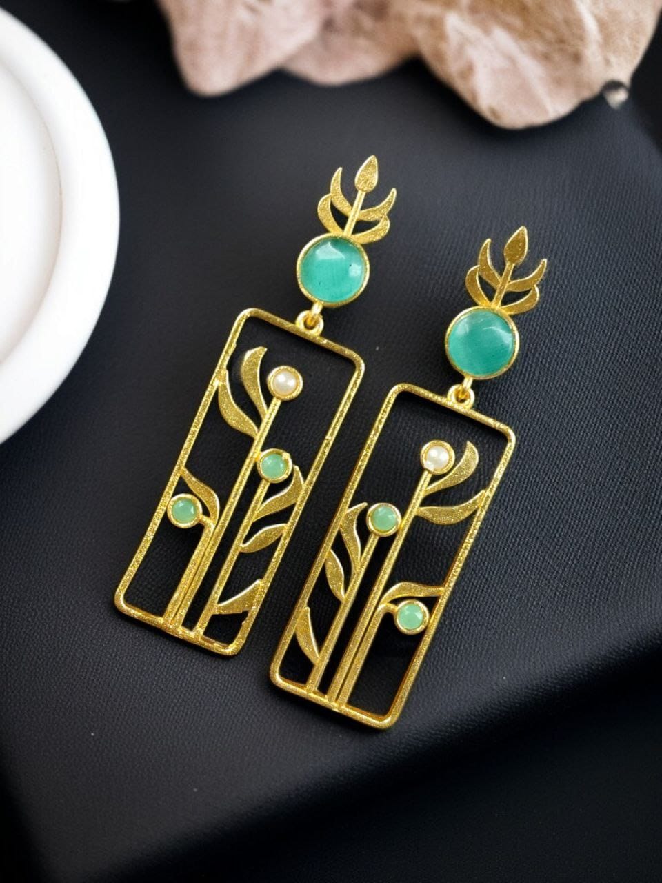 Premium Quality Gold Plated Stud Earrings | Aesthetic Leaf Style Stone Detail Jewellery