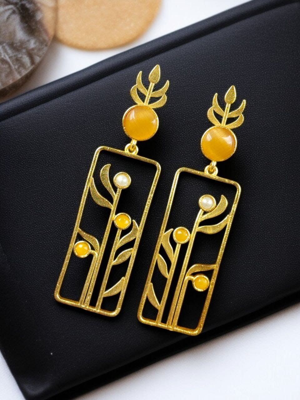 Premium Quality Gold Plated Stud Earrings | Aesthetic Leaf Style Stone Detail Jewellery