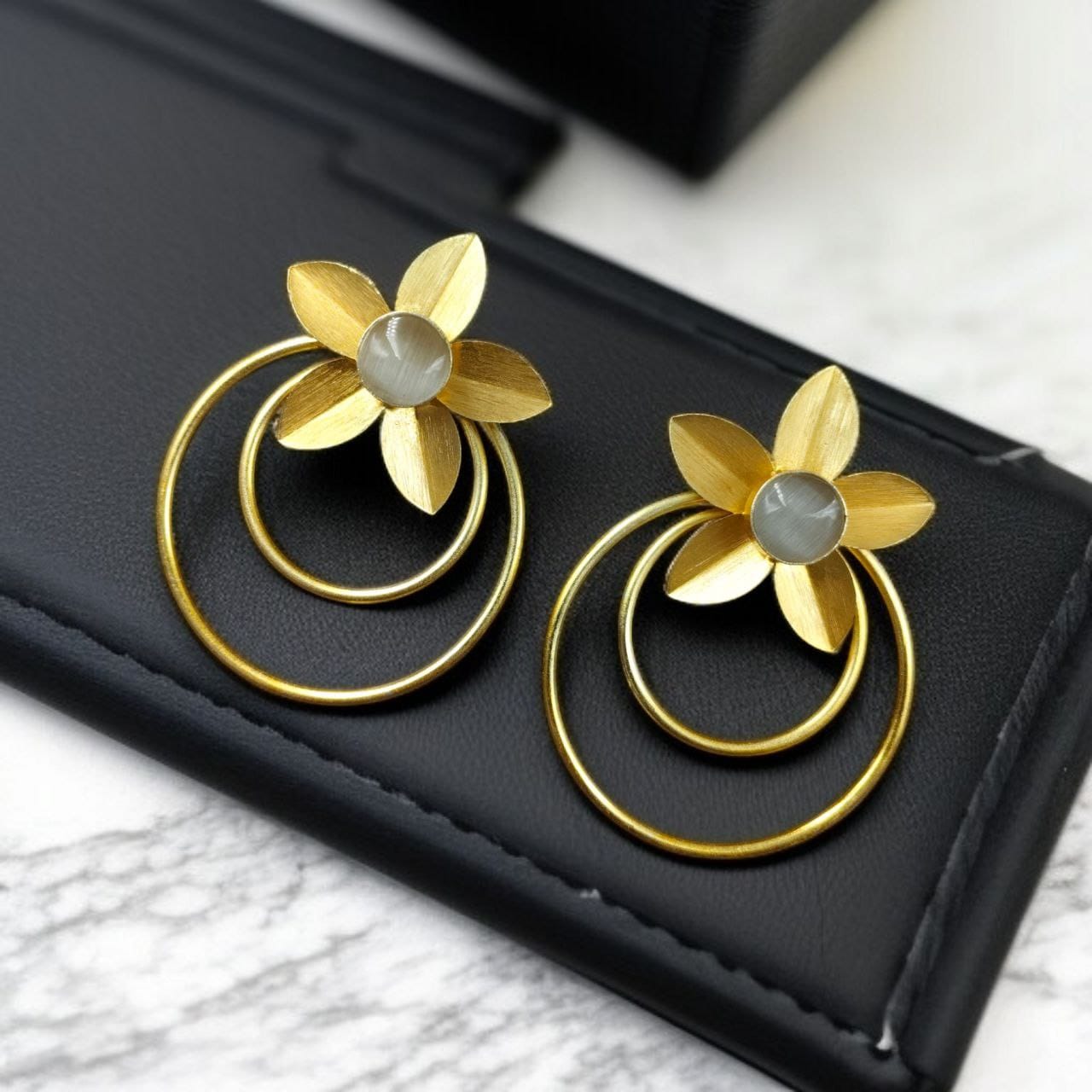 Designer Half-Circle Flower Earrings – Beautiful Gold Plated Leaf & Stone Jewelry
