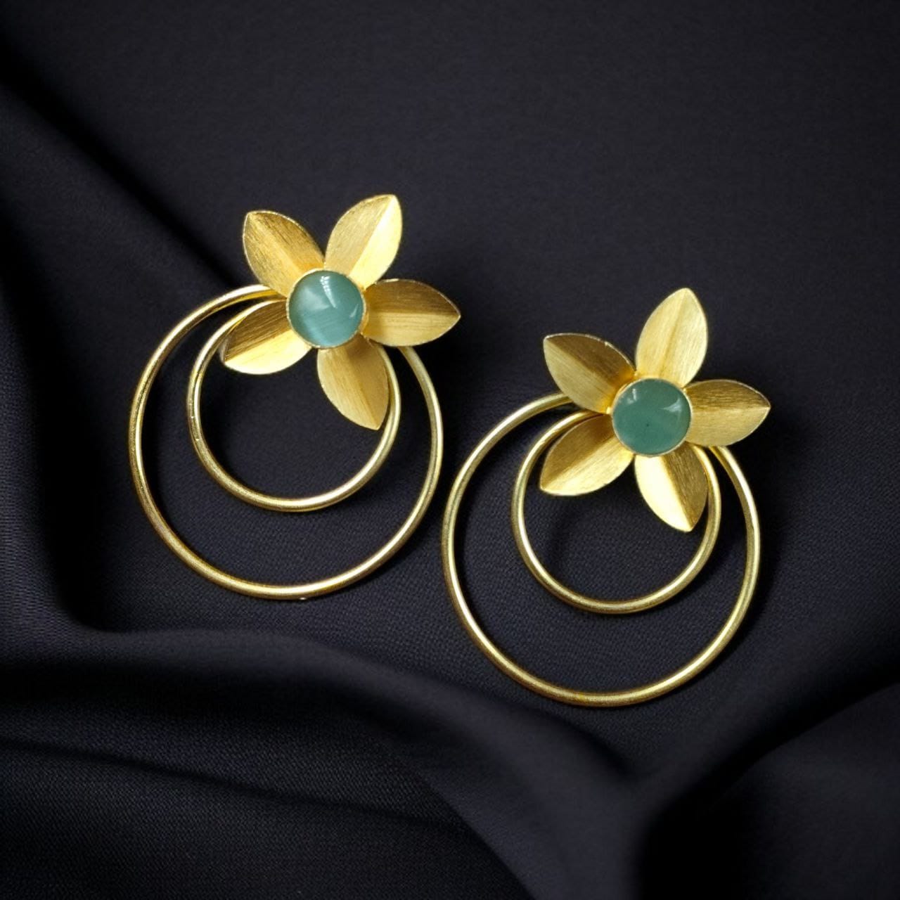Designer Half-Circle Flower Earrings – Beautiful Gold Plated Leaf & Stone Jewelry