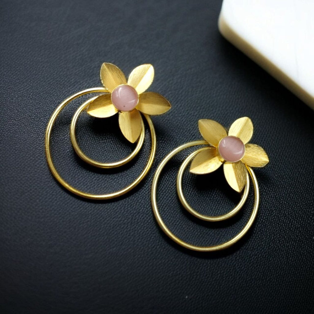 Designer Half-Circle Flower Earrings – Beautiful Gold Plated Leaf & Stone Jewelry