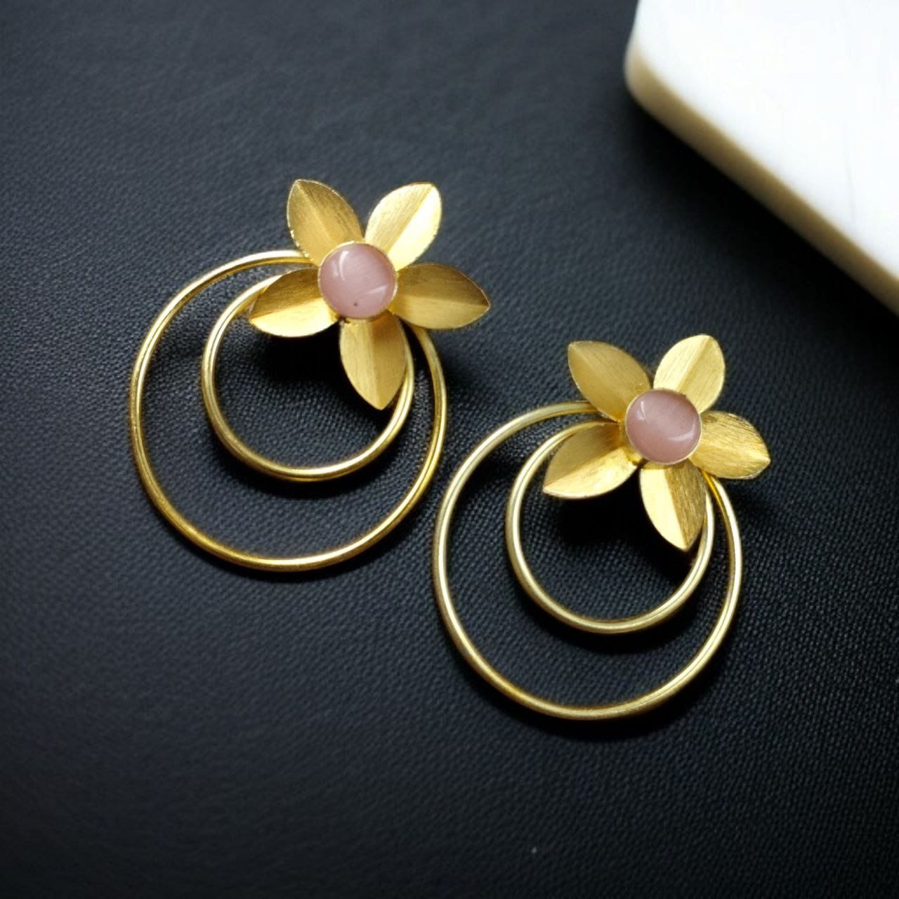 Designer Half-Circle Flower Earrings – Beautiful Gold Plated Leaf & Stone Jewelry