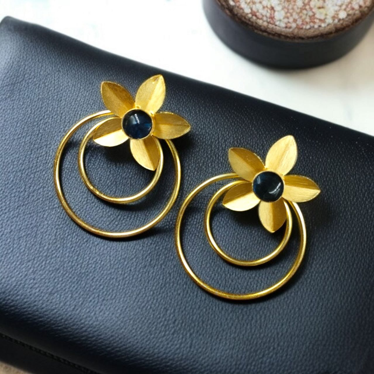 Designer Half-Circle Flower Earrings – Beautiful Gold Plated Leaf & Stone Jewelry