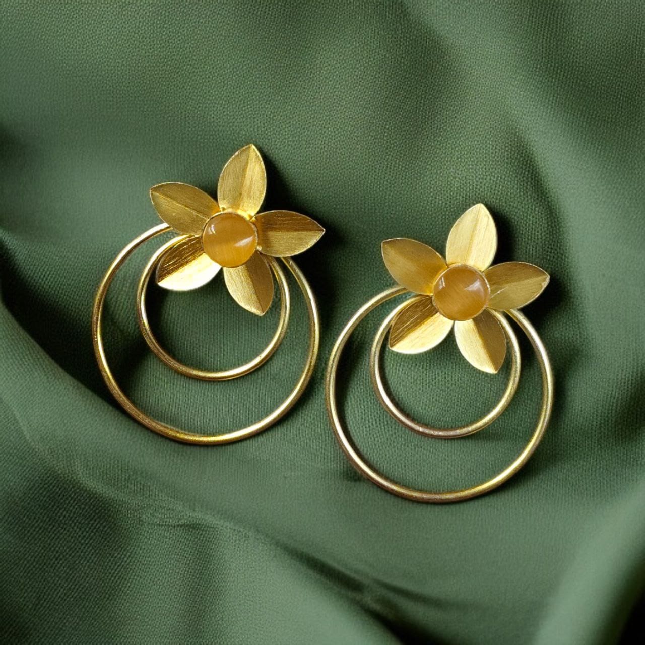 Designer Half-Circle Flower Earrings – Beautiful Gold Plated Leaf & Stone Jewelry