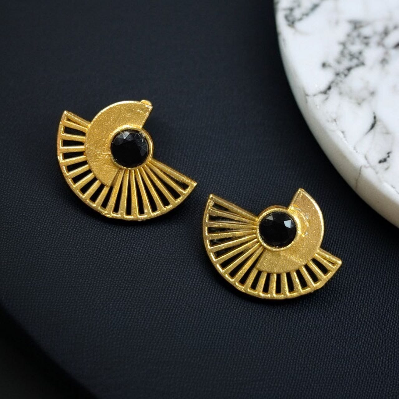 Modern Half-Circle Stone Earrings – Contemprary Gold Plated Stylish Best Jewelry