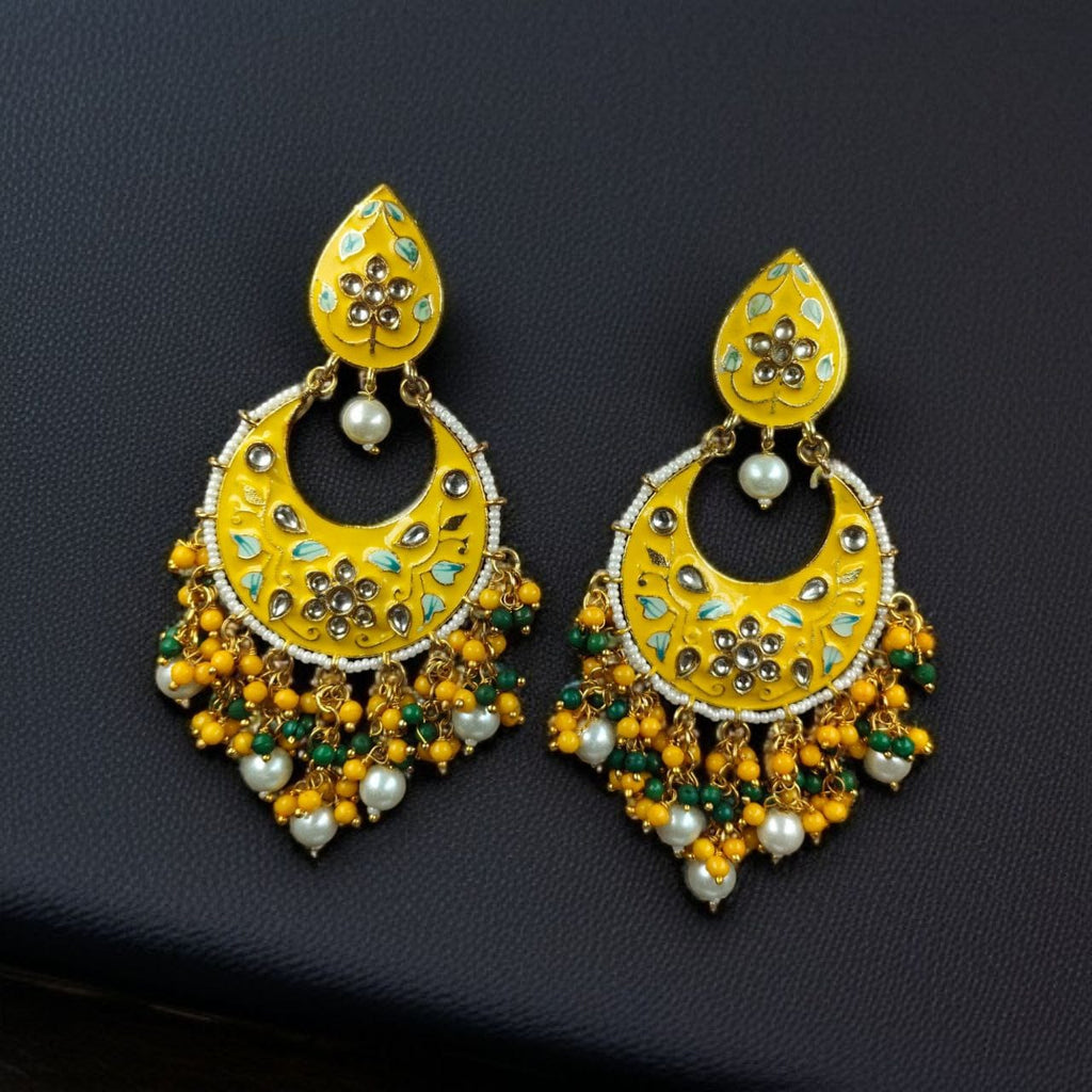 Gold Plated Hand Painted Chandbali Earrings | Designer Long Dangler Jewellery