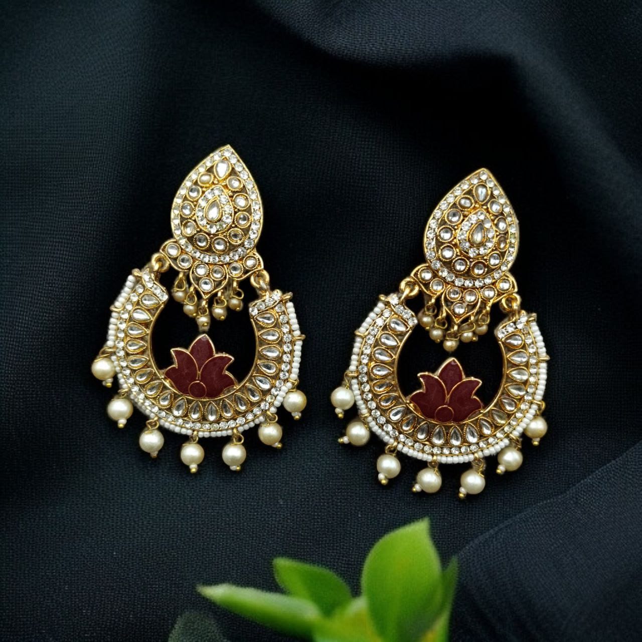 Gold Plated Stone Work Chandbali Earrings | Wedding Special Jewellery For Girls