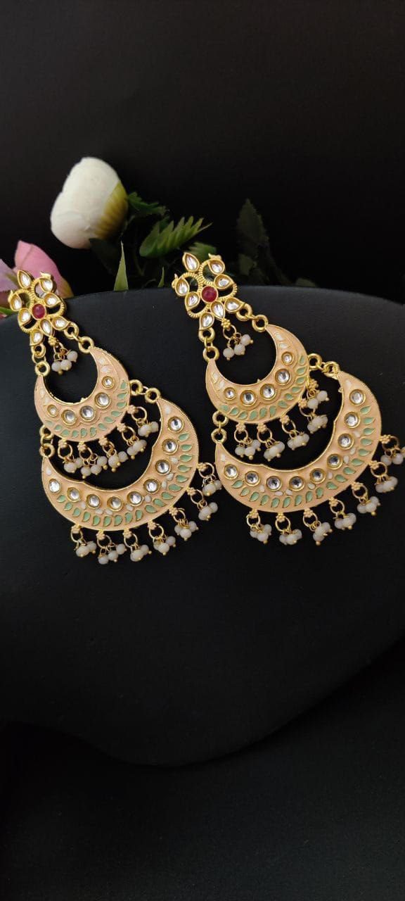 Elegant Pearl Meenakaari Beautiful Chandbali Earrings for Wedding Celebrations