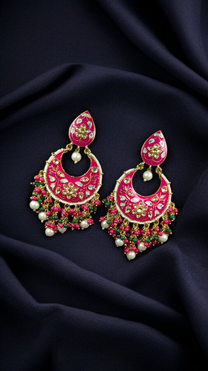 Gold Plated Hand Painted Chandbali Earrings | Designer Long Dangler Jewellery