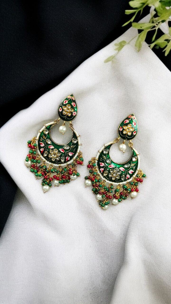 Gold Plated Hand Painted Chandbali Earrings | Designer Long Dangler Jewellery