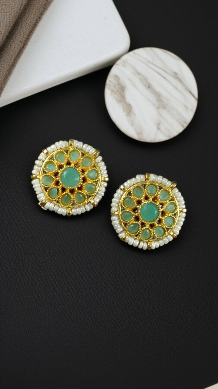 Stylish Kundan Meena Unique Stud Earrings with Gold Plating Stone and Pearl Detailing