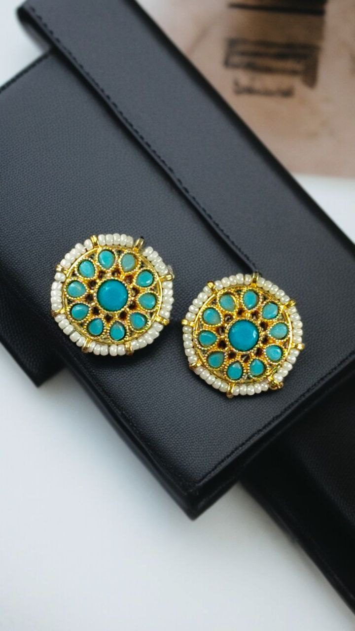 Stylish Kundan Meena Unique Stud Earrings with Gold Plating Stone and Pearl Detailing